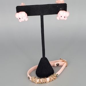 Pink 3D Pig Earrings and Fearless Silcione Bracelet Set